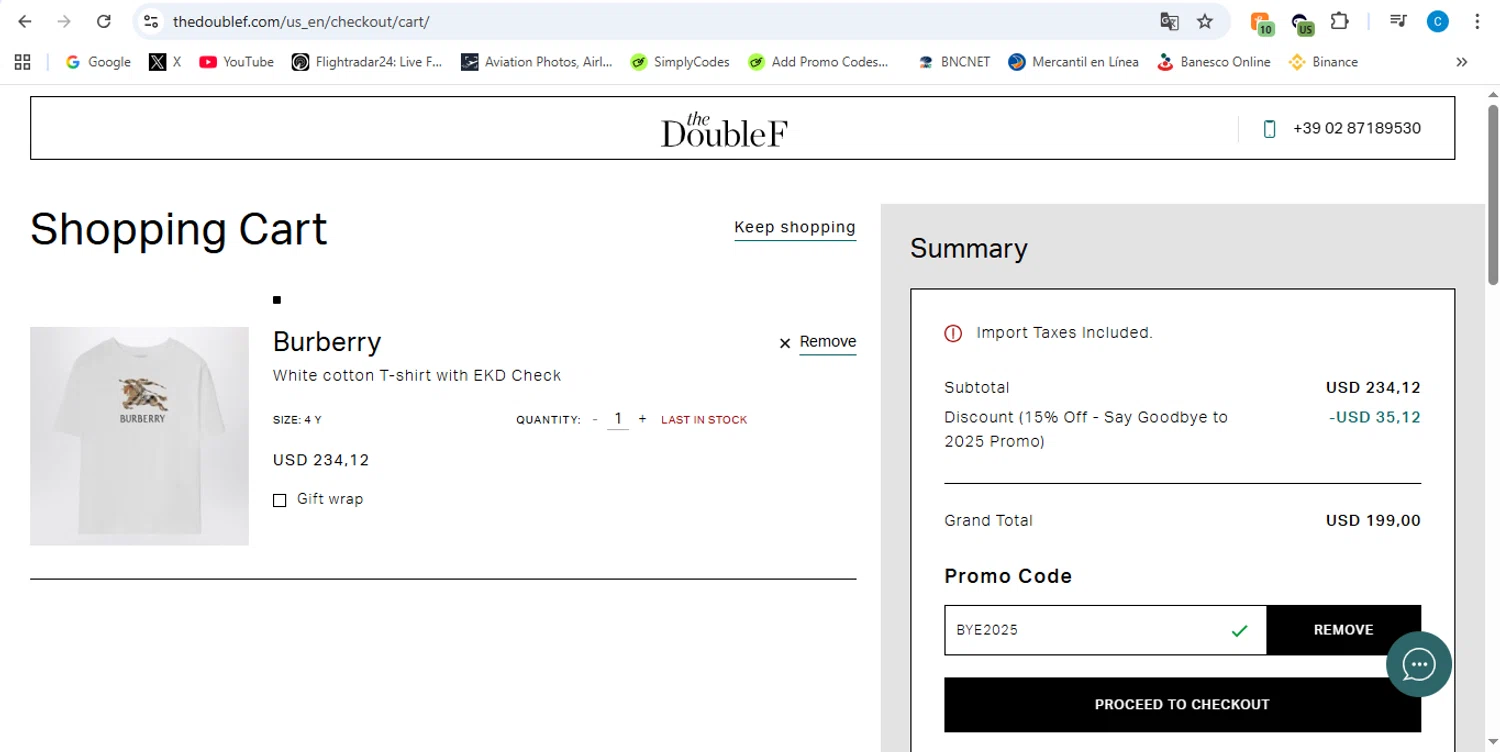 TheDoubleF promo code screenshot showing code BYE2025 applied at TheDoubleF checkout page. Uploaded by SimplyCodes community member victor on Dec 28, 2025