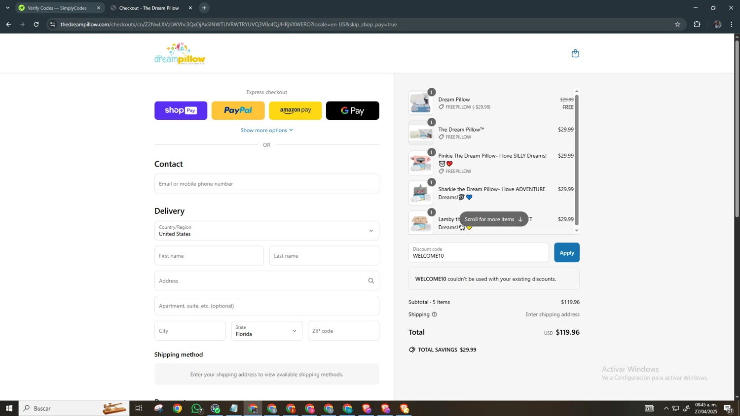 The Dream Pillow promo code screenshot showing code WELCOME10 applied at The Dream Pillow checkout page. Uploaded by SimplyCodes community member Chamber on Apr 27, 2025