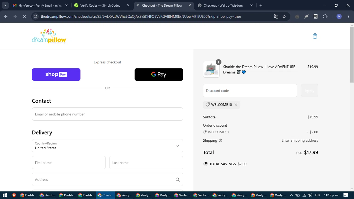 The Dream Pillow promo code screenshot showing code WELCOME10 applied at The Dream Pillow checkout page. Uploaded by SimplyCodes community member PrimeFox5260 on Mar 5, 2025