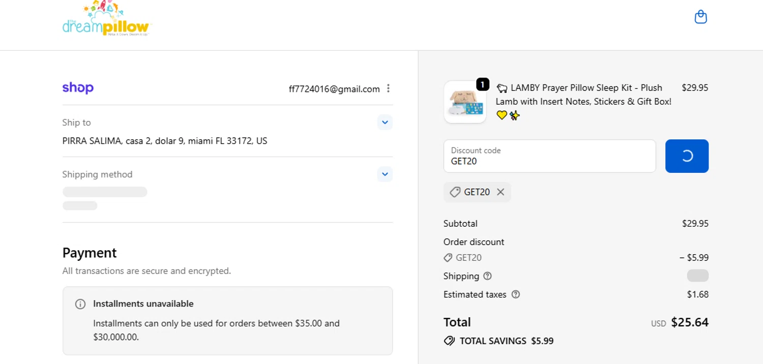 The Dream Pillow promo code screenshot showing code GET20 applied at The Dream Pillow checkout page. Uploaded by SimplyCodes community member BonusDefender8823 on Oct 24, 2025