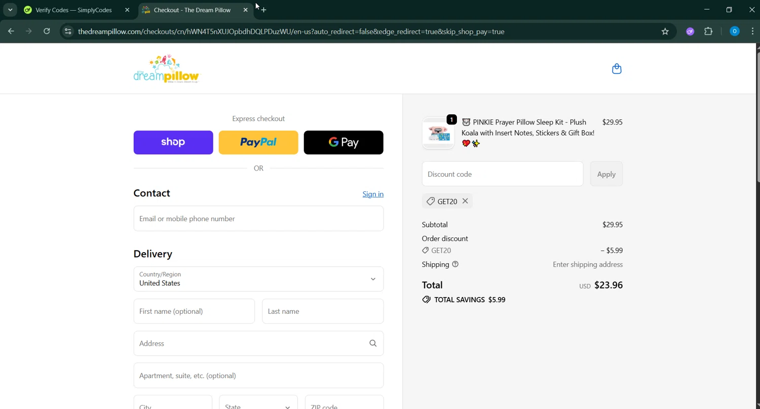 The Dream Pillow promo code screenshot showing code GET20 applied at The Dream Pillow checkout page. Uploaded by SimplyCodes community member GoldChaser6627 on Oct 24, 2025
