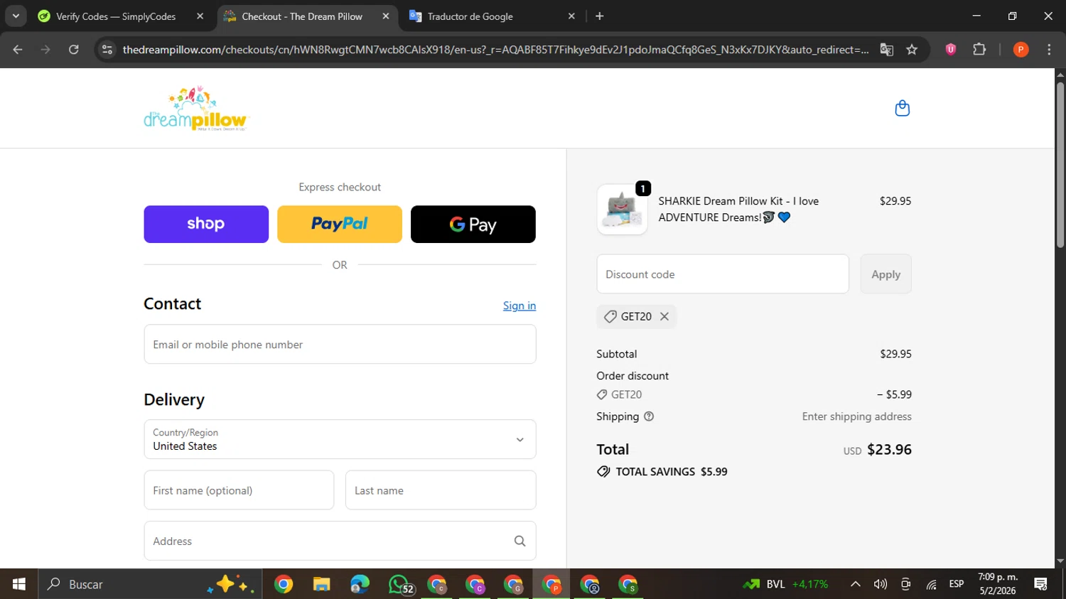 The Dream Pillow checkout page showing The Dream Pillow promo code box | Screenshot taken by SimplyCodes community member on Feb 5, 2026