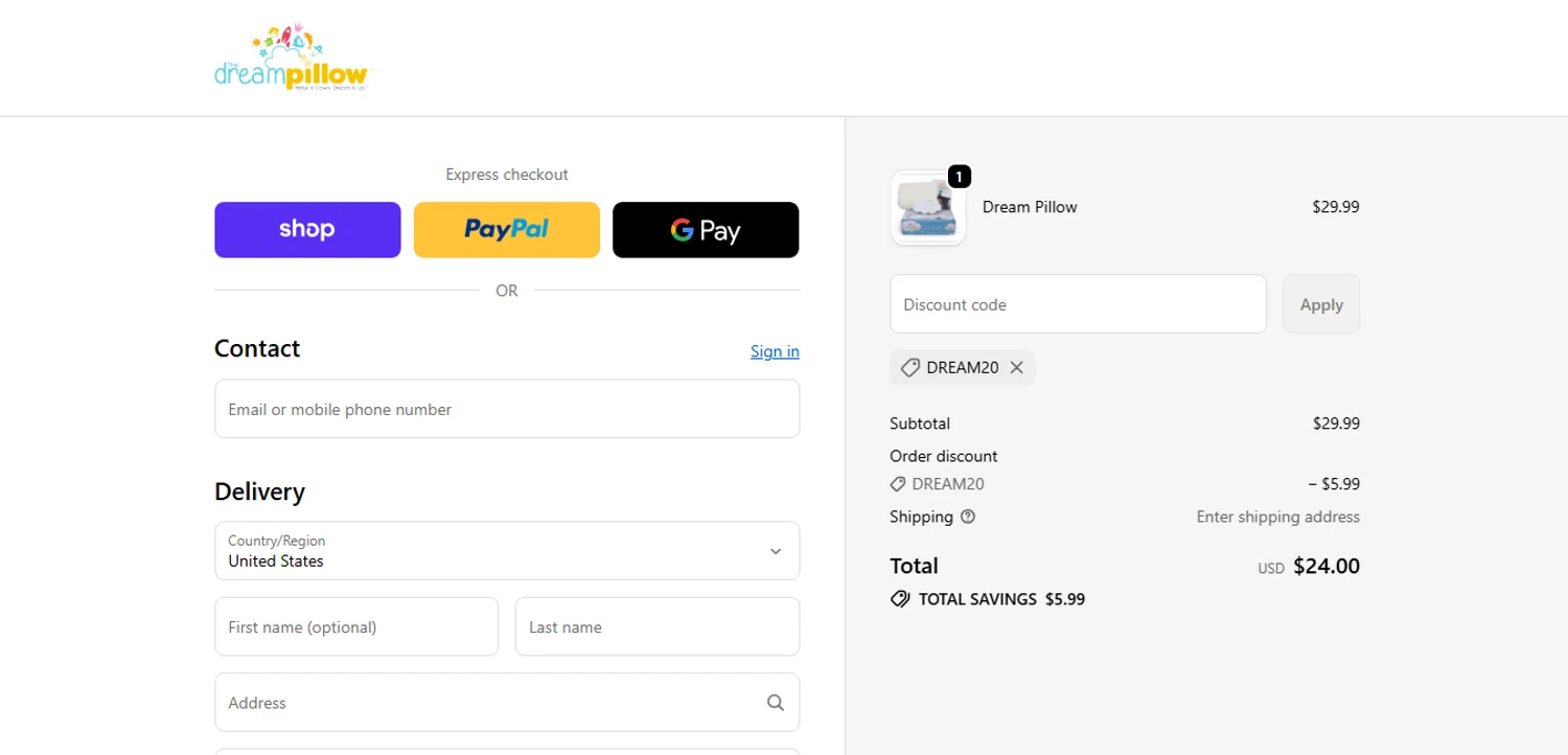 The Dream Pillow promo code screenshot showing code DREAM20 applied at The Dream Pillow checkout page. Uploaded by SimplyCodes community member MoneyHunter5624 on Oct 24, 2025