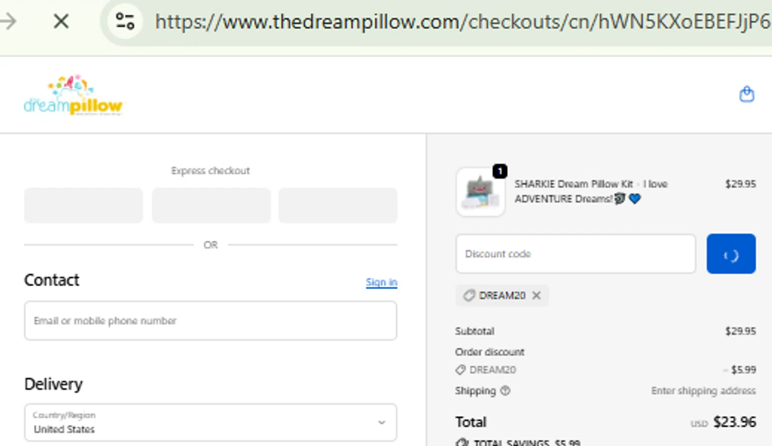 The Dream Pillow promo code screenshot showing code DREAM20 applied at The Dream Pillow checkout page. Uploaded by SimplyCodes community member RewardFinder4836 on Nov 15, 2025