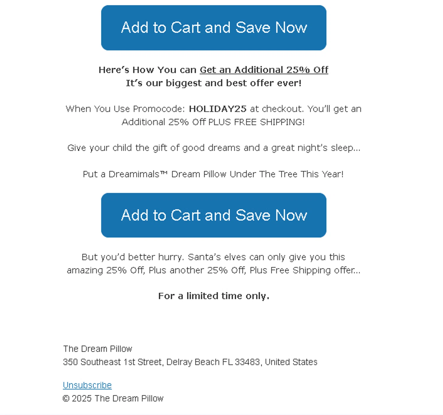 The Dream Pillow promo code screenshot showing code HOLIDAY25 applied at The Dream Pillow checkout page. Uploaded by SimplyCodes community member Logoteam on Nov 14, 2025