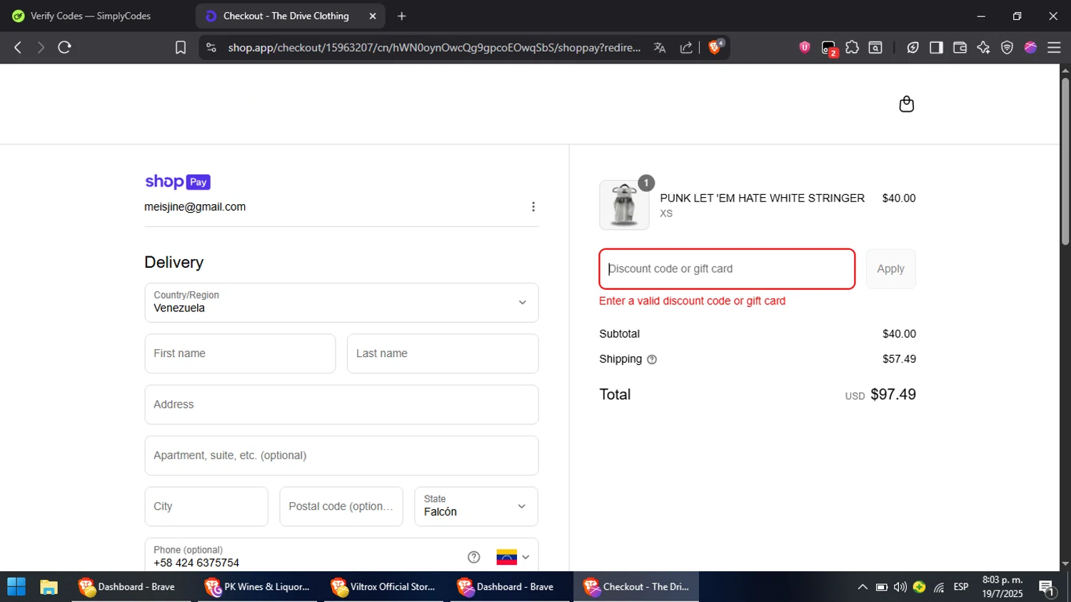 The Drive Clothing discount code screenshot showing code Birthday applied at The Drive Clothing checkout page. Uploaded by SimplyCodes community member Cynoxx on Jul 20, 2025