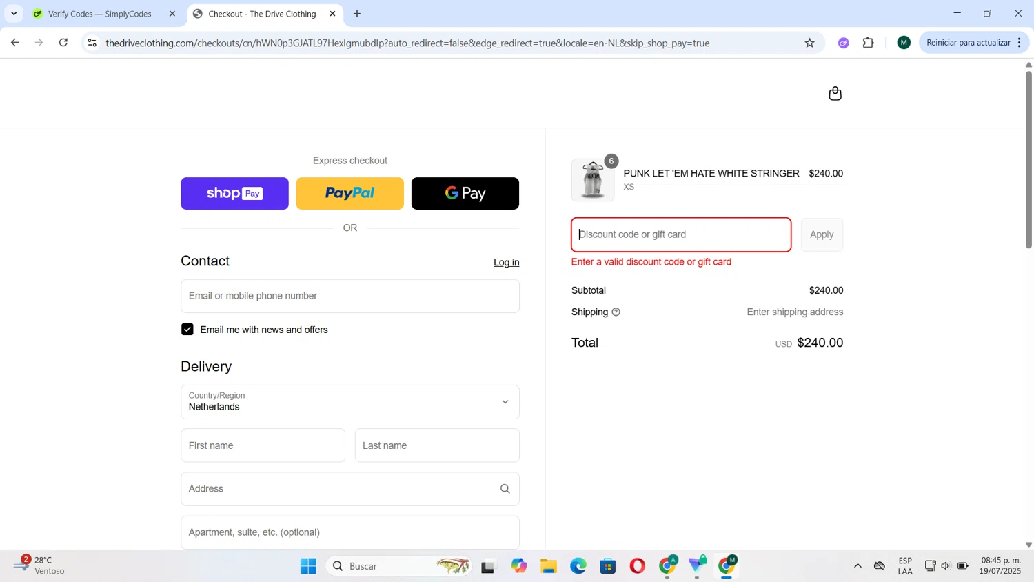 The Drive Clothing discount code screenshot showing code Birthday applied at The Drive Clothing checkout page. Uploaded by SimplyCodes community member Tortu_1 on Jul 20, 2025