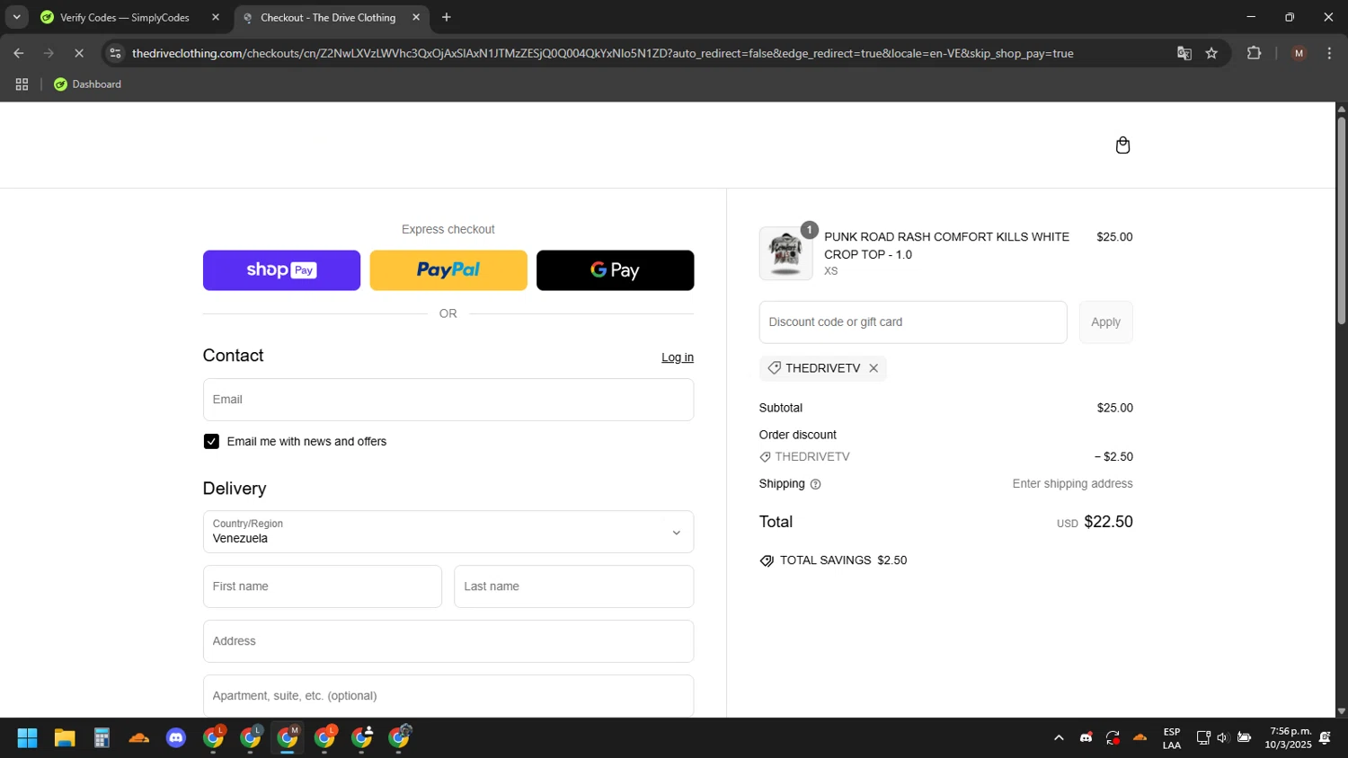 The Drive Clothing discount code screenshot showing code THEDRIVETV applied at The Drive Clothing checkout page. Uploaded by SimplyCodes community member CouponWizard2714 on Mar 10, 2025