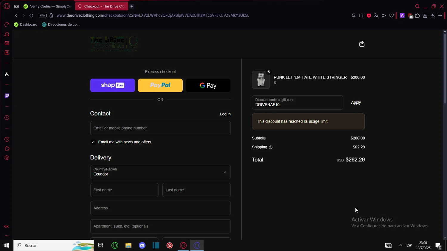 The Drive Clothing discount code screenshot showing code DRIVENAF10 applied at The Drive Clothing checkout page. Uploaded by SimplyCodes community member PromoTitan6888 on Jul 11, 2025