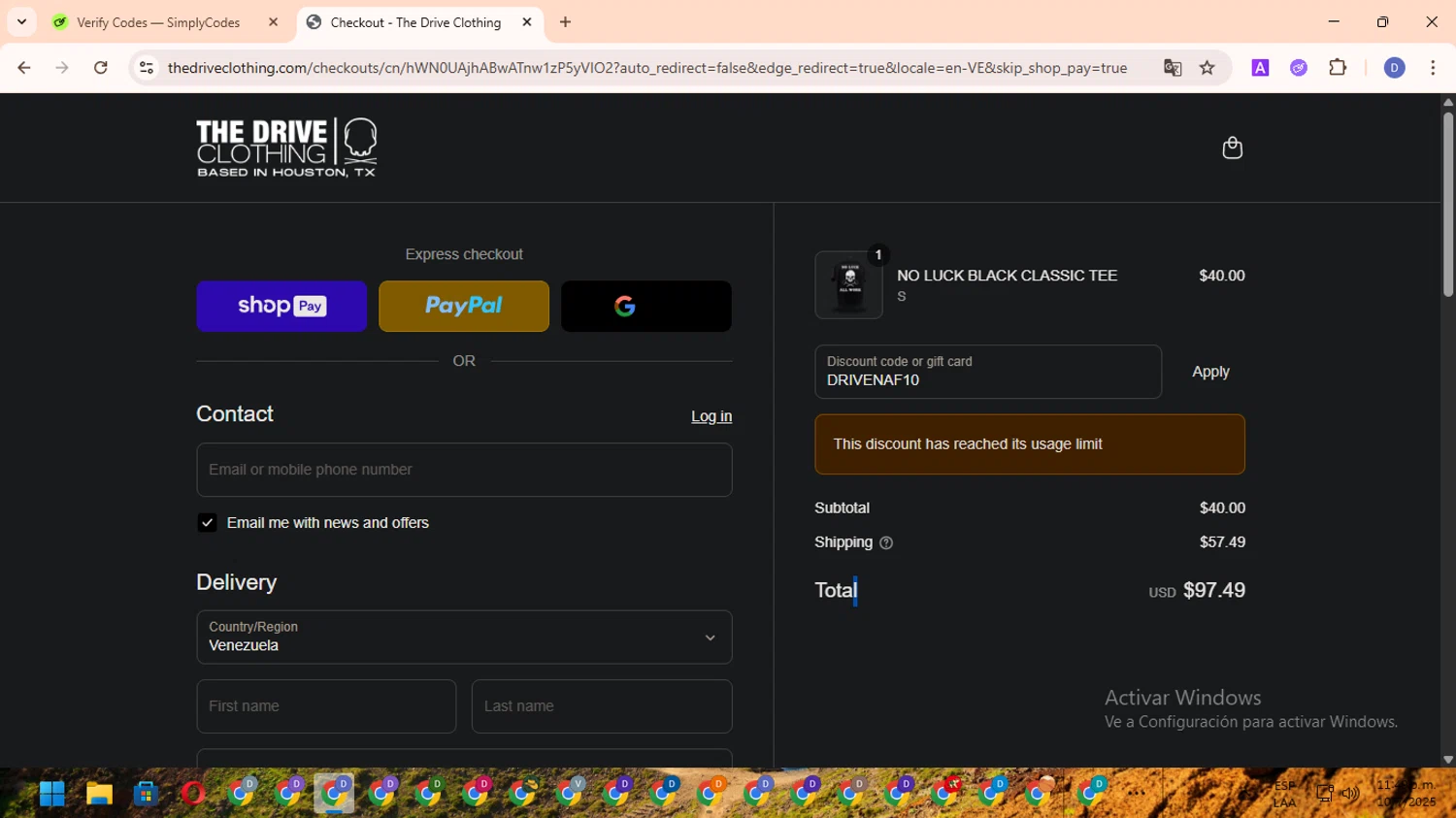 The Drive Clothing discount code screenshot showing code DRIVENAF10 applied at The Drive Clothing checkout page. Uploaded by SimplyCodes community member RewardOwl5959 on Jul 11, 2025