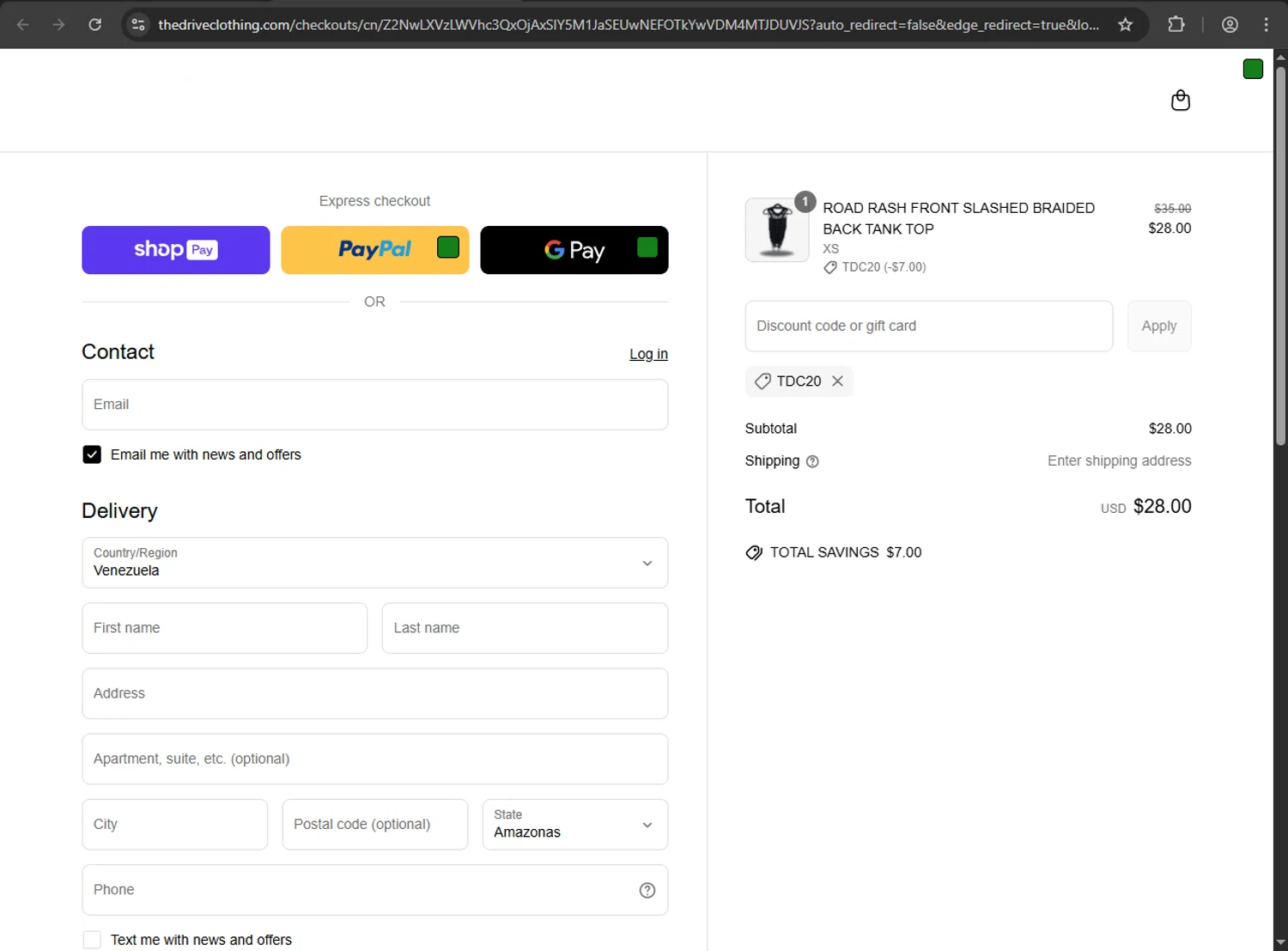 The Drive Clothing discount code screenshot showing code TDC20 applied at The Drive Clothing checkout page. Uploaded by SimplyCodes community member JakePerrox on May 15, 2025