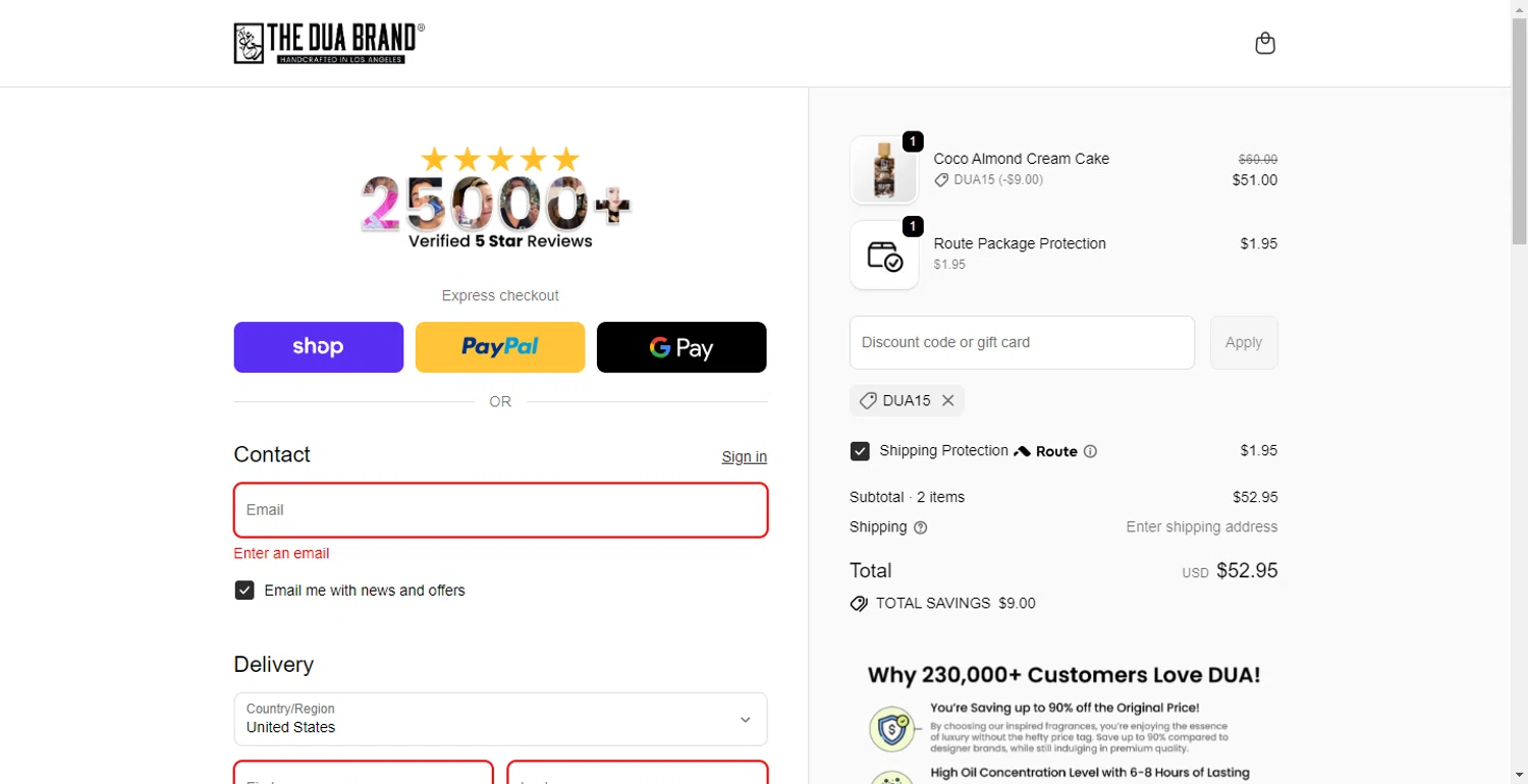 The Dua Brand coupon code screenshot showing code DUA15 applied at The Dua Brand checkout page. Uploaded by SimplyCodes community member DiscountPhoenix427 on Nov 11, 2025