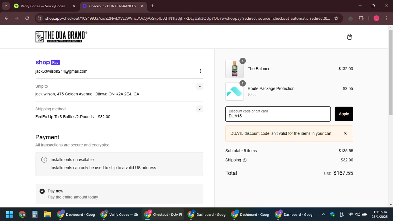The Dua Brand coupon code screenshot showing code DUA15 applied at The Dua Brand checkout page. Uploaded by SimplyCodes community member JackWilson63 on Jan 26, 2025