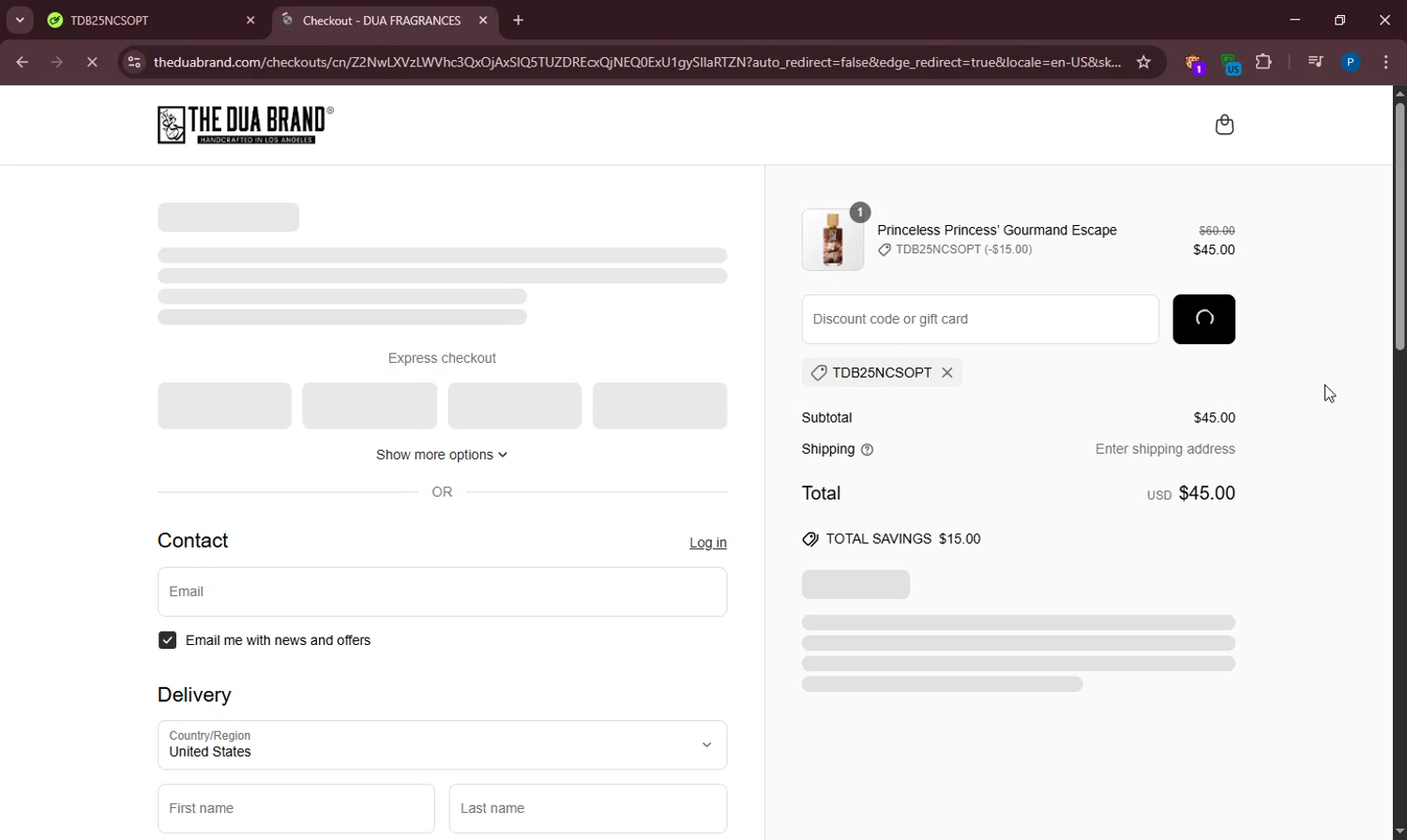 The Dua Brand coupon code screenshot showing code TDB25NCSOPT applied at The Dua Brand checkout page. Uploaded by SimplyCodes community member PennyOwl696 on May 2, 2025