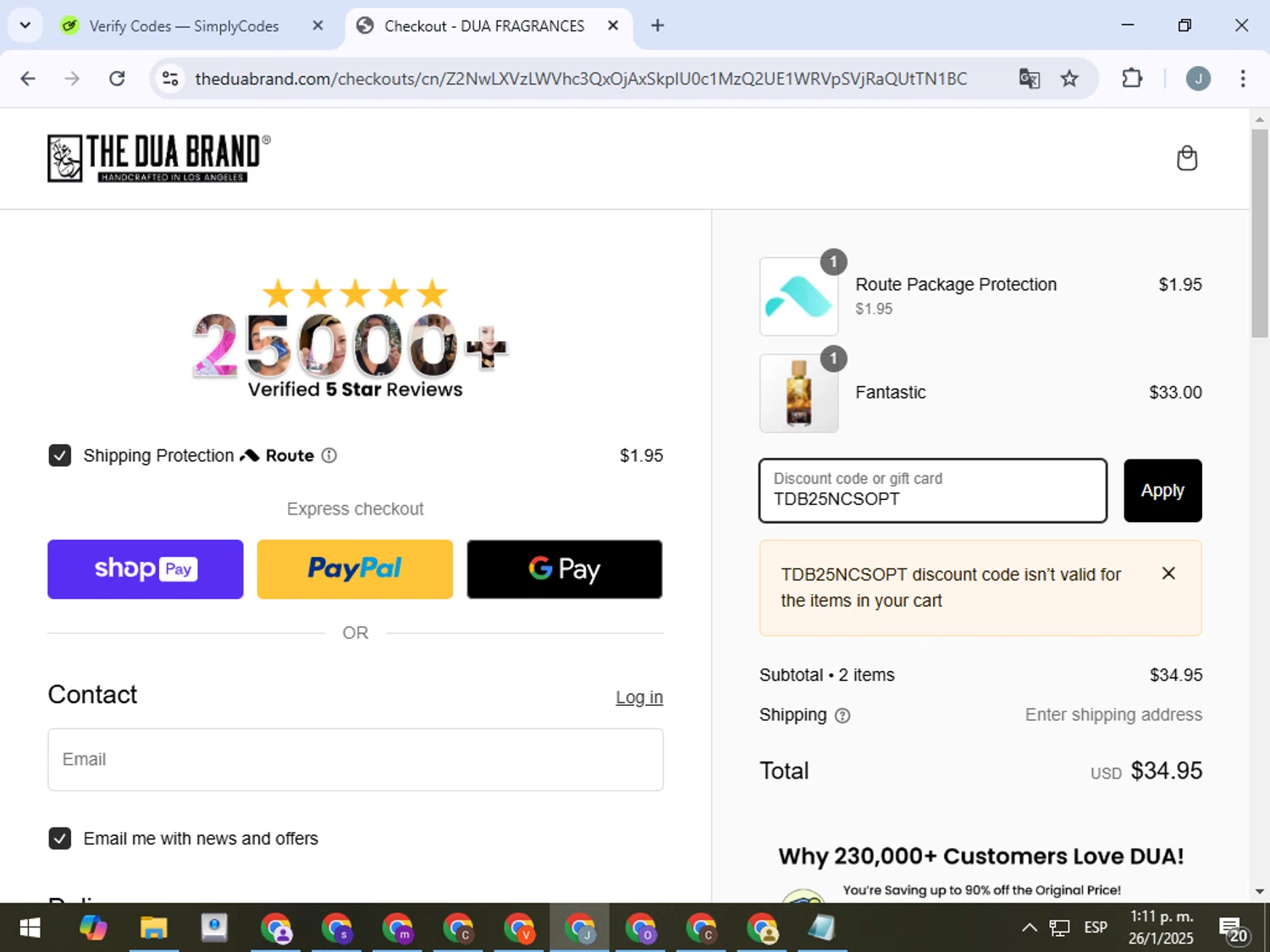 The Dua Brand coupon code screenshot showing code TDB25NCSOPT applied at The Dua Brand checkout page. Uploaded by SimplyCodes community member ValueTracker8384 on Jan 26, 2025