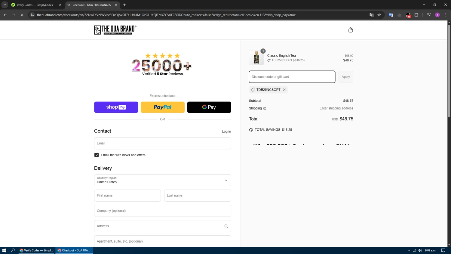 The Dua Brand coupon code screenshot showing code TDB25NCSOPT applied at The Dua Brand checkout page. Uploaded by SimplyCodes community member SwiftFox1285 on Apr 1, 2025