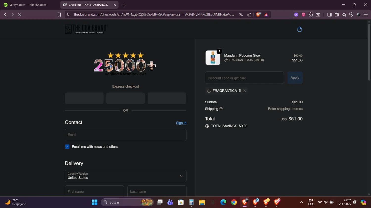 The Dua Brand coupon code screenshot showing code FRAGRANTICA15 applied at The Dua Brand checkout page. Uploaded by SimplyCodes community member Caraxes on Nov 6, 2025