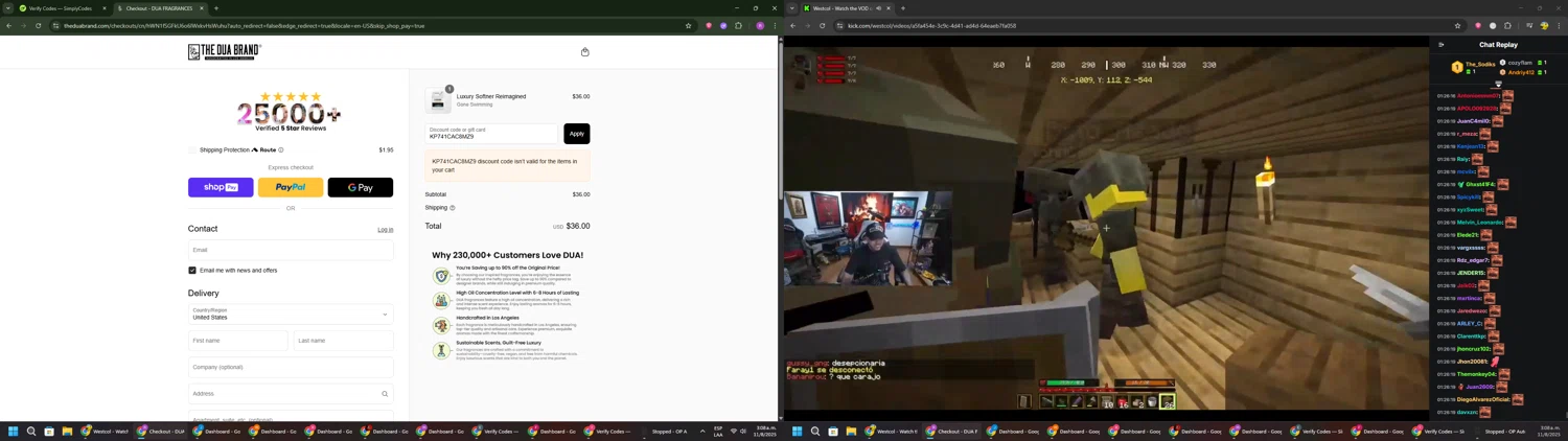 The Dua Brand coupon code screenshot showing code KP741CAC8MZ9 applied at The Dua Brand checkout page. Uploaded by SimplyCodes community member RoyalSentinel4577 on Aug 11, 2025
