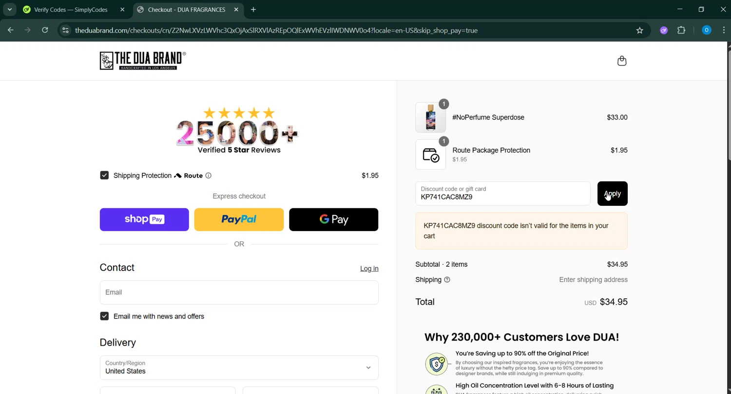 The Dua Brand coupon code screenshot showing code KP741CAC8MZ9 applied at The Dua Brand checkout page. Uploaded by SimplyCodes community member _____________ on May 10, 2025