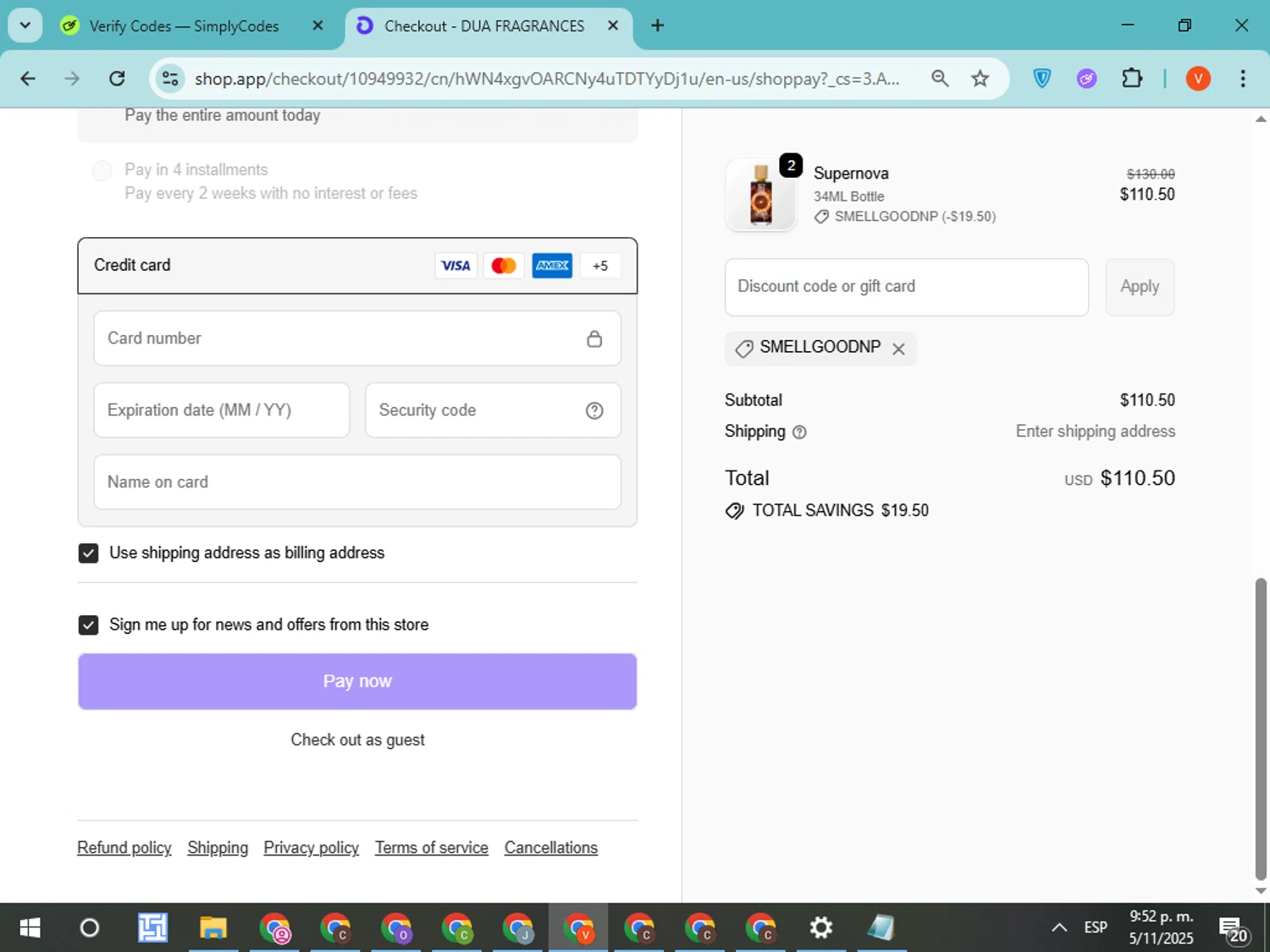 The Dua Brand coupon code screenshot showing code SMELLGOODNP applied at The Dua Brand checkout page. Uploaded by SimplyCodes community member CodeMonarch8148 on Nov 6, 2025