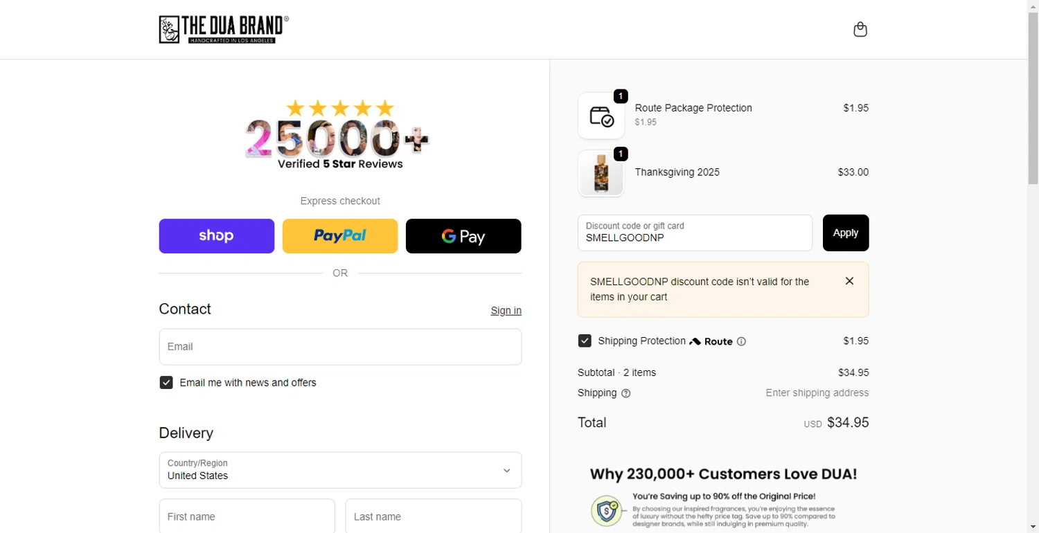 The Dua Brand coupon code screenshot showing code SMELLGOODNP applied at The Dua Brand checkout page. Uploaded by SimplyCodes community member DiscountPhoenix427 on Nov 16, 2025