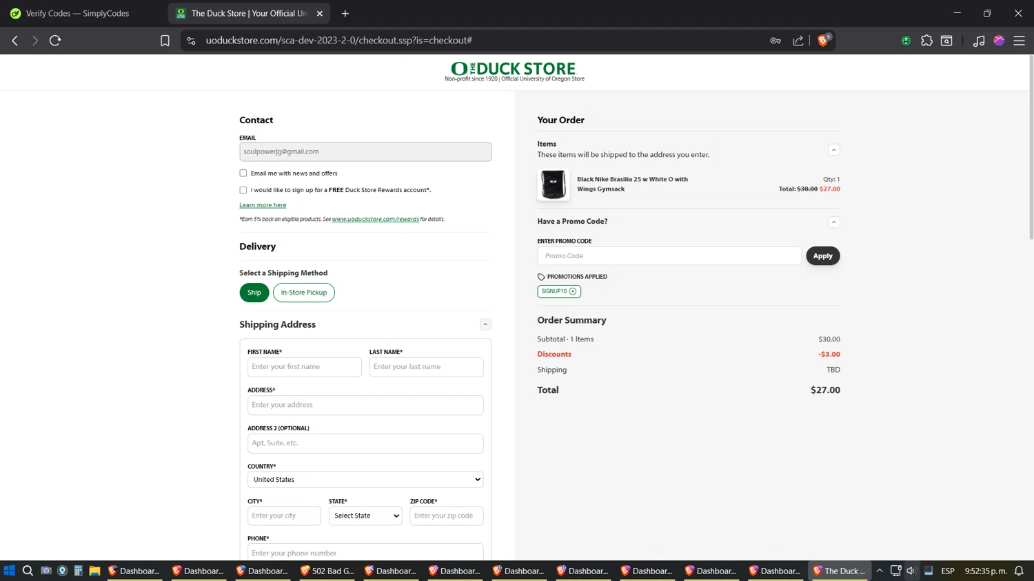 The Duck Store promo code screenshot showing code SIGNUP10 applied at The Duck Store checkout page. Uploaded by SimplyCodes community member JhonatanGomez on Oct 1, 2025