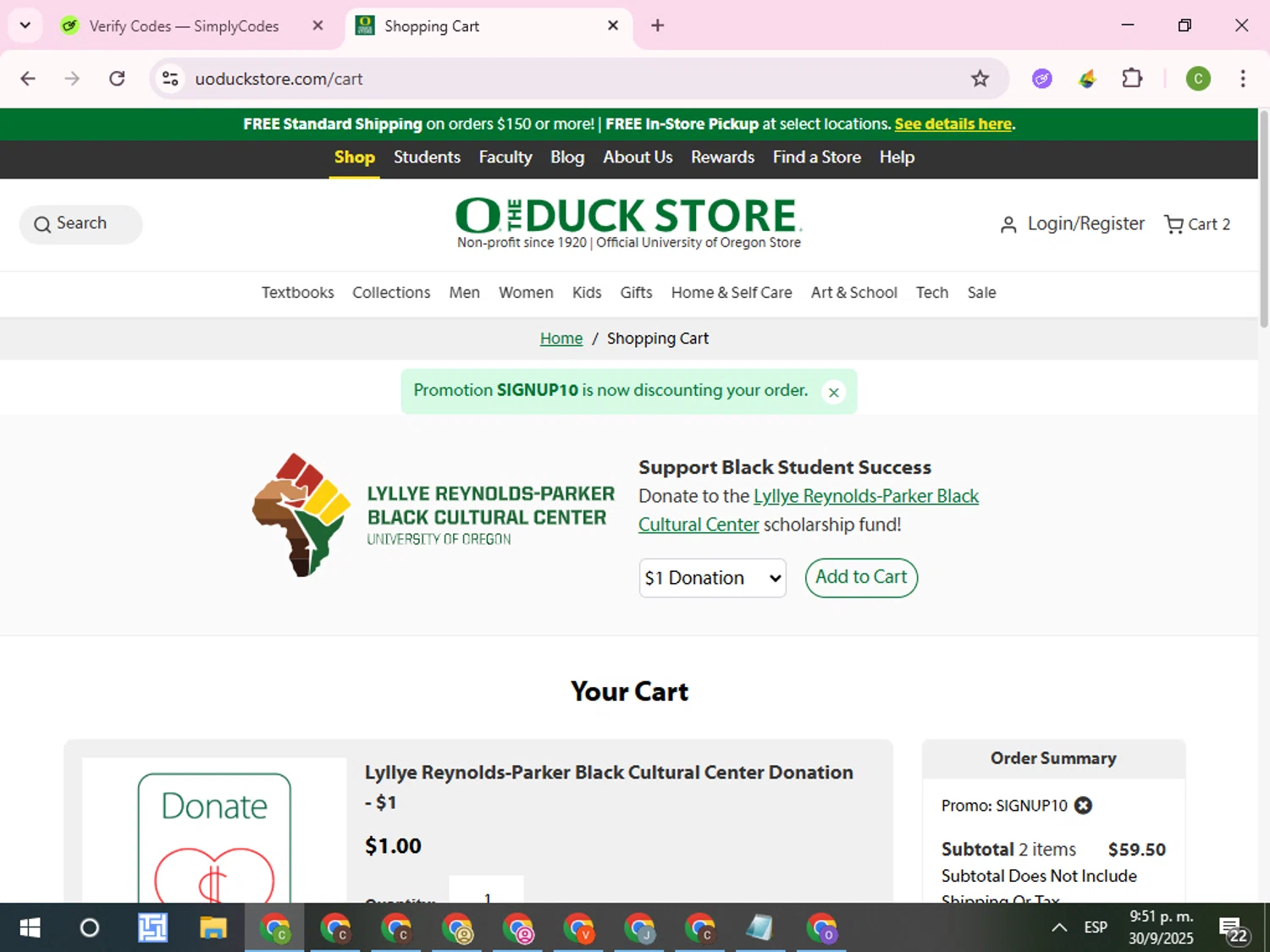 The Duck Store promo code screenshot showing code SIGNUP10 applied at The Duck Store checkout page. Uploaded by SimplyCodes community member RoyalKnight4673 on Oct 1, 2025