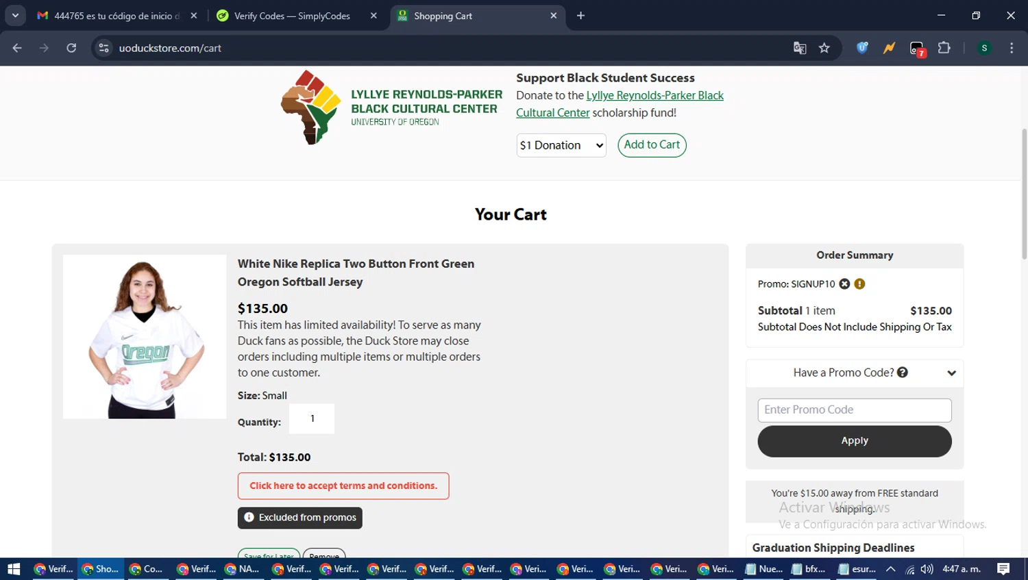The Duck Store promo code screenshot showing code SIGNUP10 applied at The Duck Store checkout page. Uploaded by SimplyCodes community member ShrewdAce7935 on Jun 23, 2025