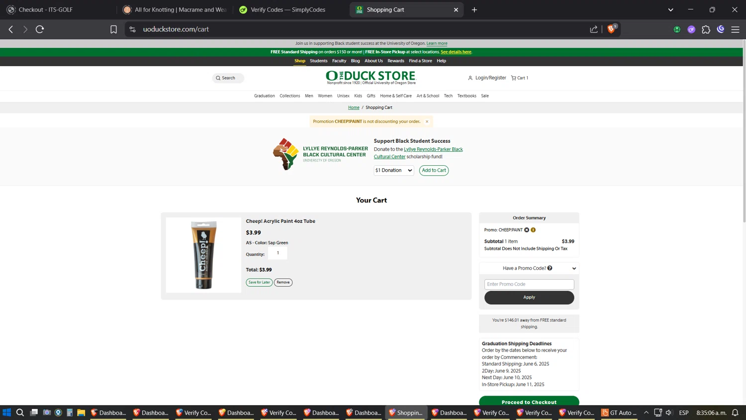 The Duck Store promo code screenshot showing code CHEEP!PAINT applied at The Duck Store checkout page. Uploaded by SimplyCodes community member Amidamaru on May 28, 2025