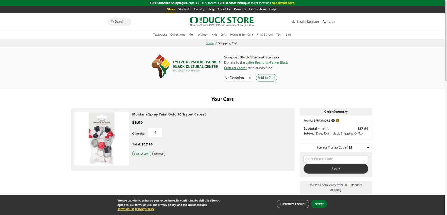 The Duck Store promo code screenshot showing code SPRAYMORE applied at The Duck Store checkout page. Uploaded by SimplyCodes community member PromoAdmiral6652 on Oct 19, 2025