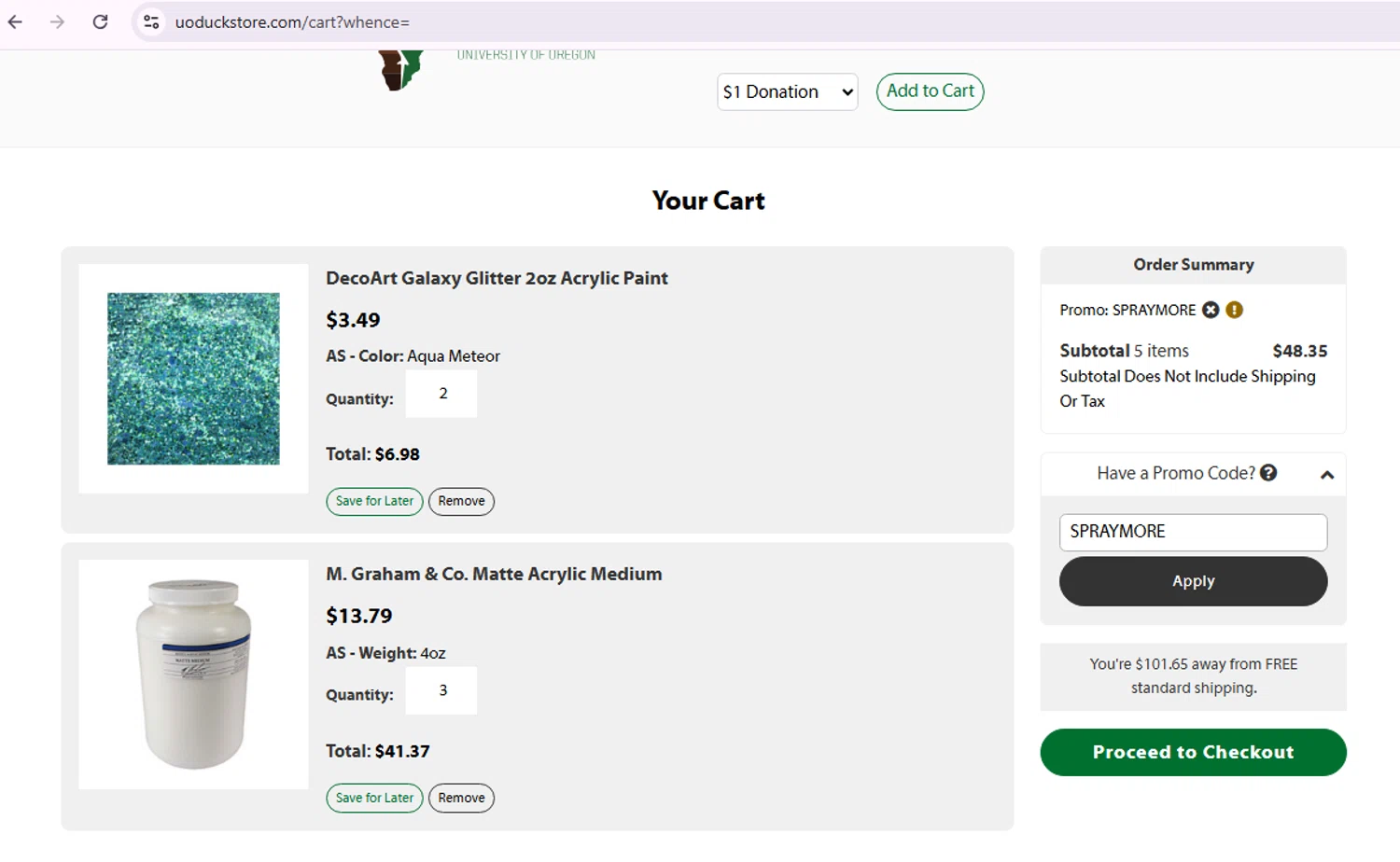 The Duck Store promo code screenshot showing code SPRAYMORE applied at The Duck Store checkout page. Uploaded by SimplyCodes community member ShrewdWizard3248 on Oct 19, 2025