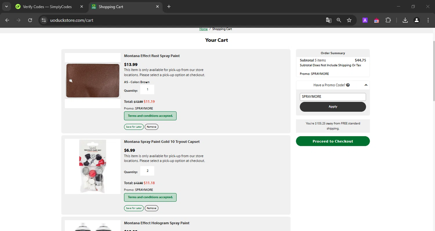 The Duck Store promo code screenshot showing code SPRAYMORE applied at The Duck Store checkout page. Uploaded by SimplyCodes community member jossnchez1 on Feb 4, 2025