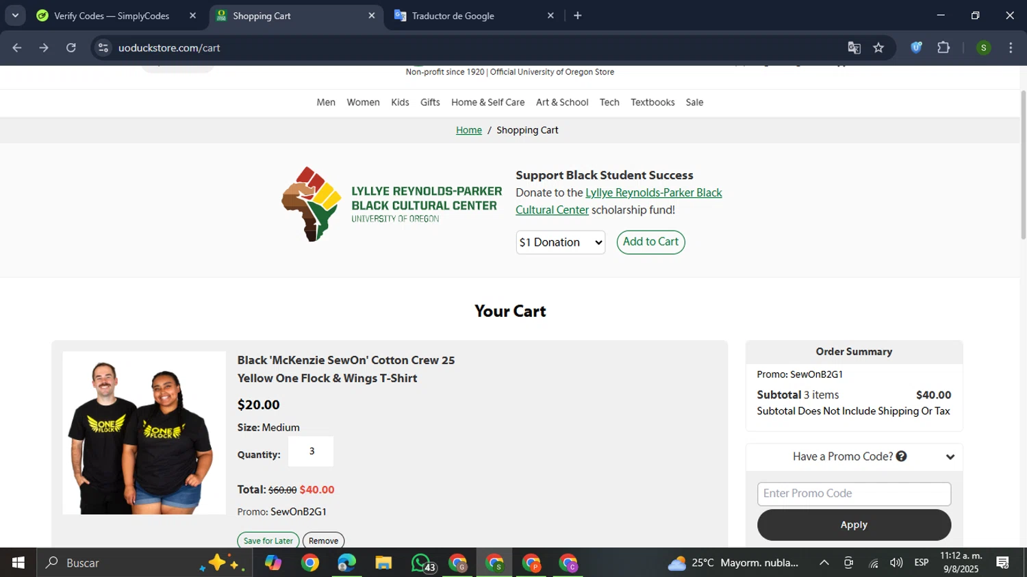 The Duck Store promo code screenshot showing code SewOnB2G1 applied at The Duck Store checkout page. Uploaded by SimplyCodes community member RewardMaverick445 on Aug 9, 2025