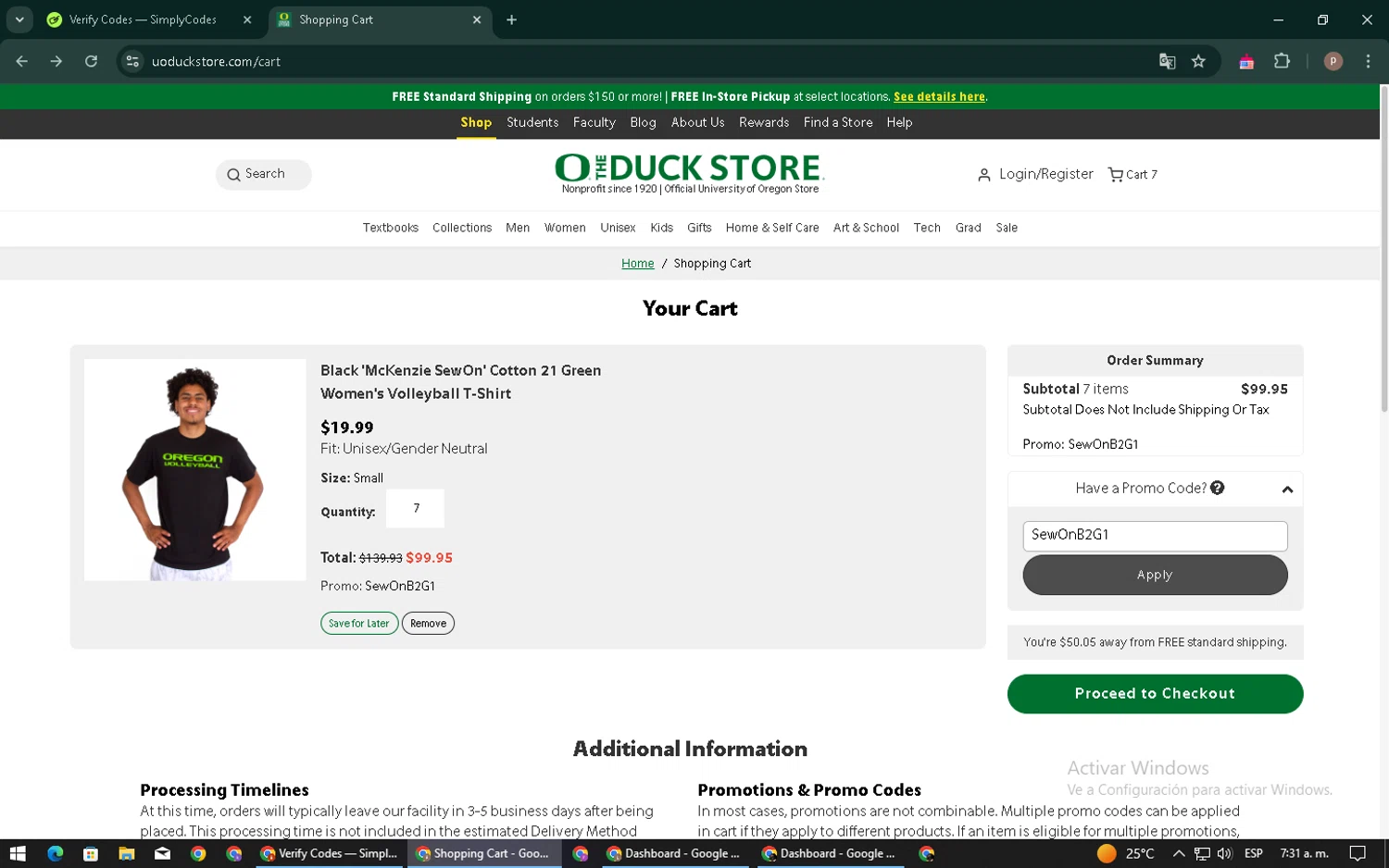 The Duck Store promo code screenshot showing code SewOnB2G1 applied at The Duck Store checkout page. Uploaded by SimplyCodes community member RoyalSleuth6331 on Jan 21, 2025