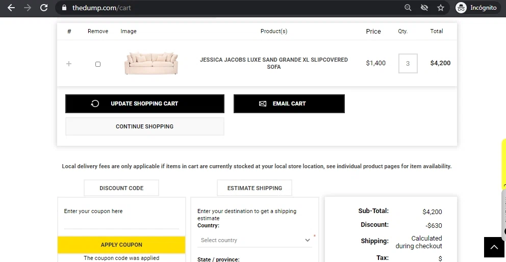 The Dump Furniture checkout page showing The Dump Furniture discount code box | Screenshot taken by SimplyCodes community member on Aug 4, 2020