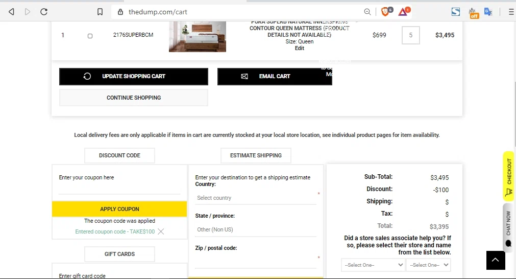 The Dump Furniture checkout page showing The Dump Furniture discount code box | Screenshot taken by SimplyCodes community member on Aug 4, 2020