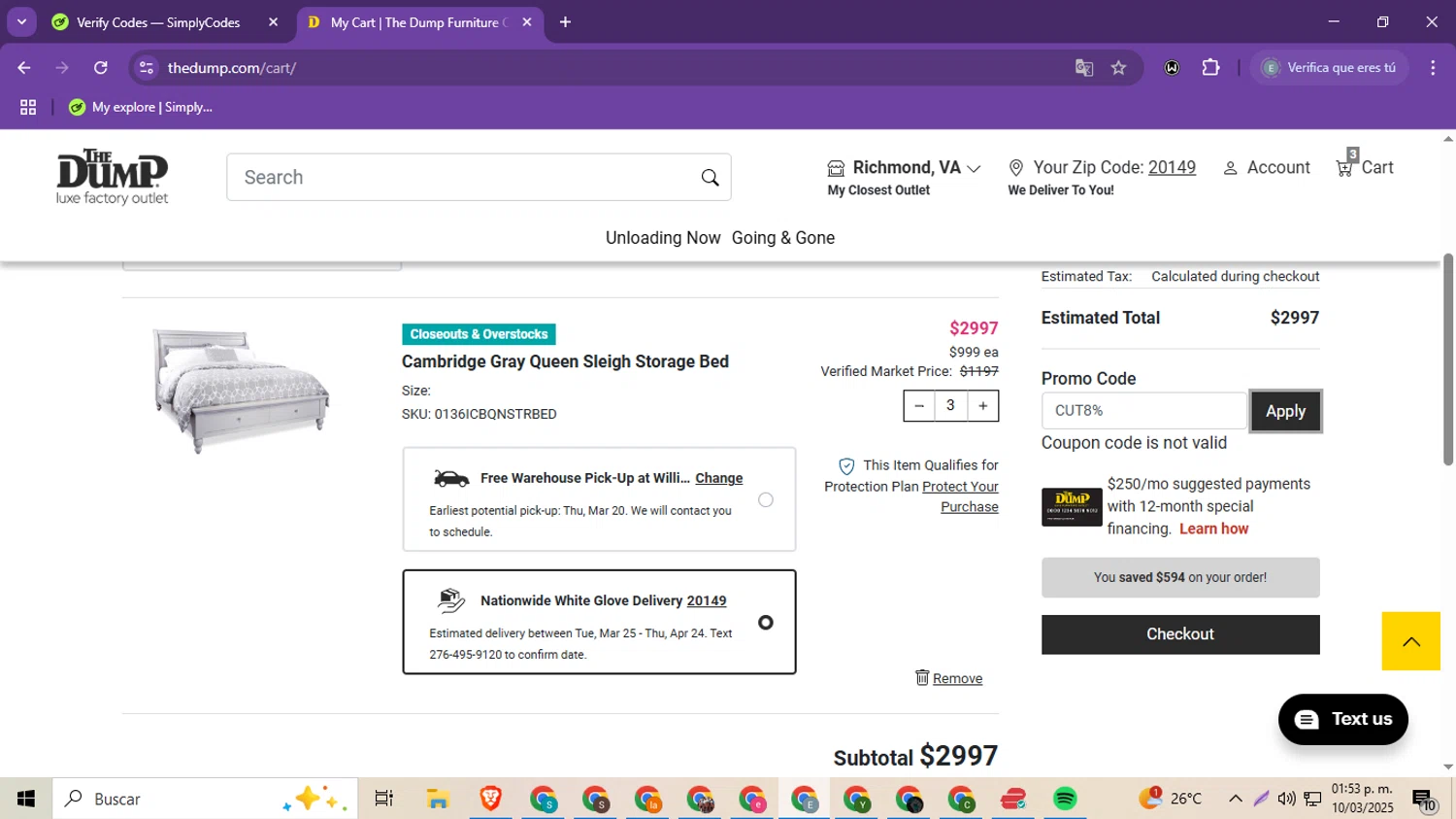 The Dump Furniture discount code screenshot showing code CUT8% applied at The Dump Furniture checkout page. Uploaded by SimplyCodes community member MoneySeeker8573 on Mar 10, 2025