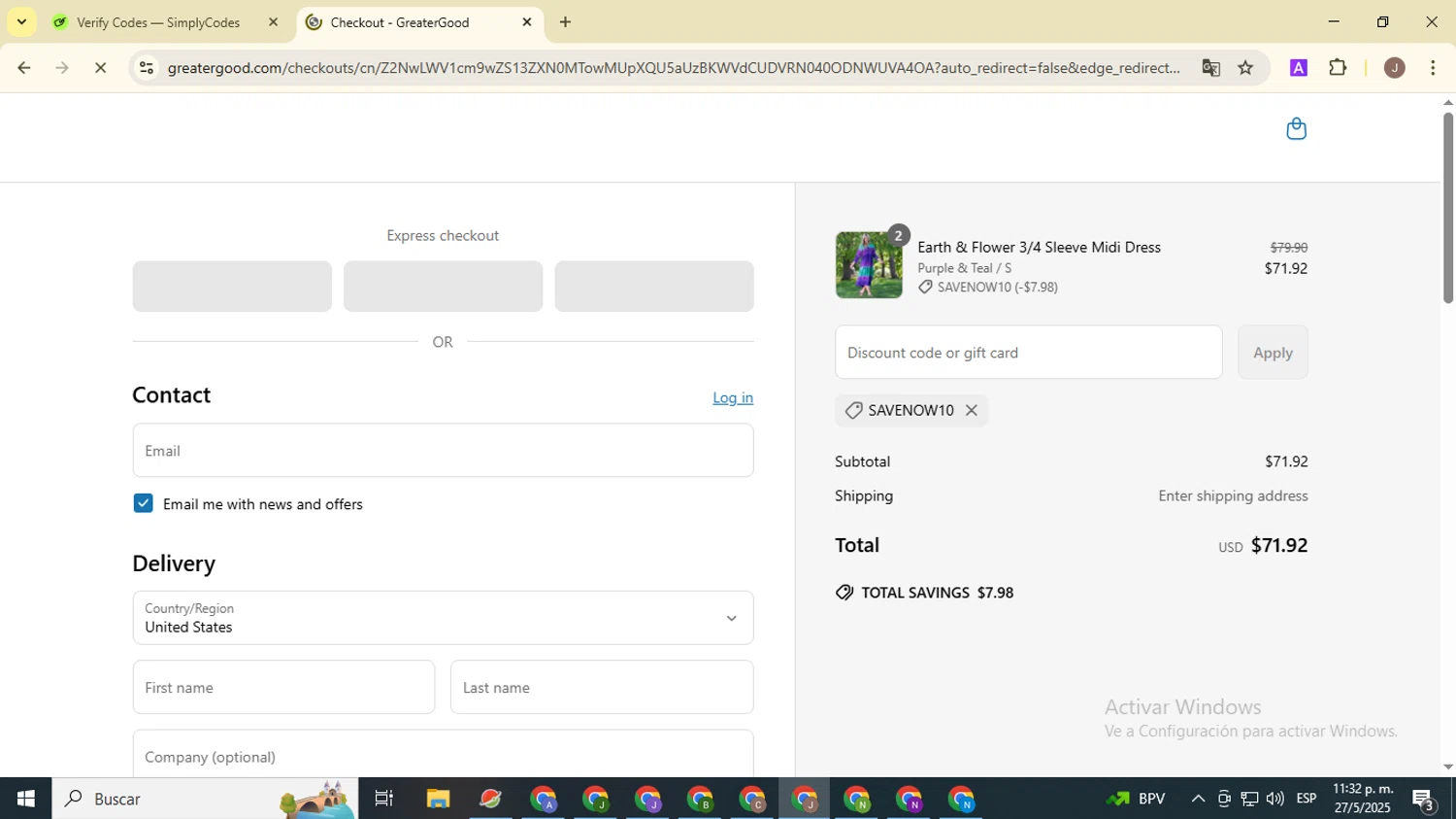 The Earth Site Store promo code screenshot showing code SAVENOW10 applied at The Earth Site Store checkout page. Uploaded by SimplyCodes community member ValiantHero2365 on May 28, 2025