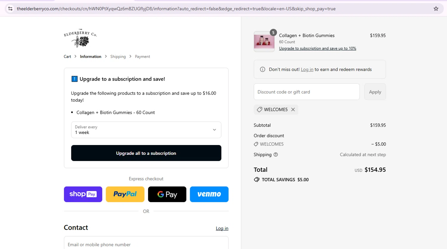 The Elderberry promo code screenshot showing code welcome5 applied at The Elderberry checkout page. Uploaded by SimplyCodes community member Samu10 on Jul 9, 2025