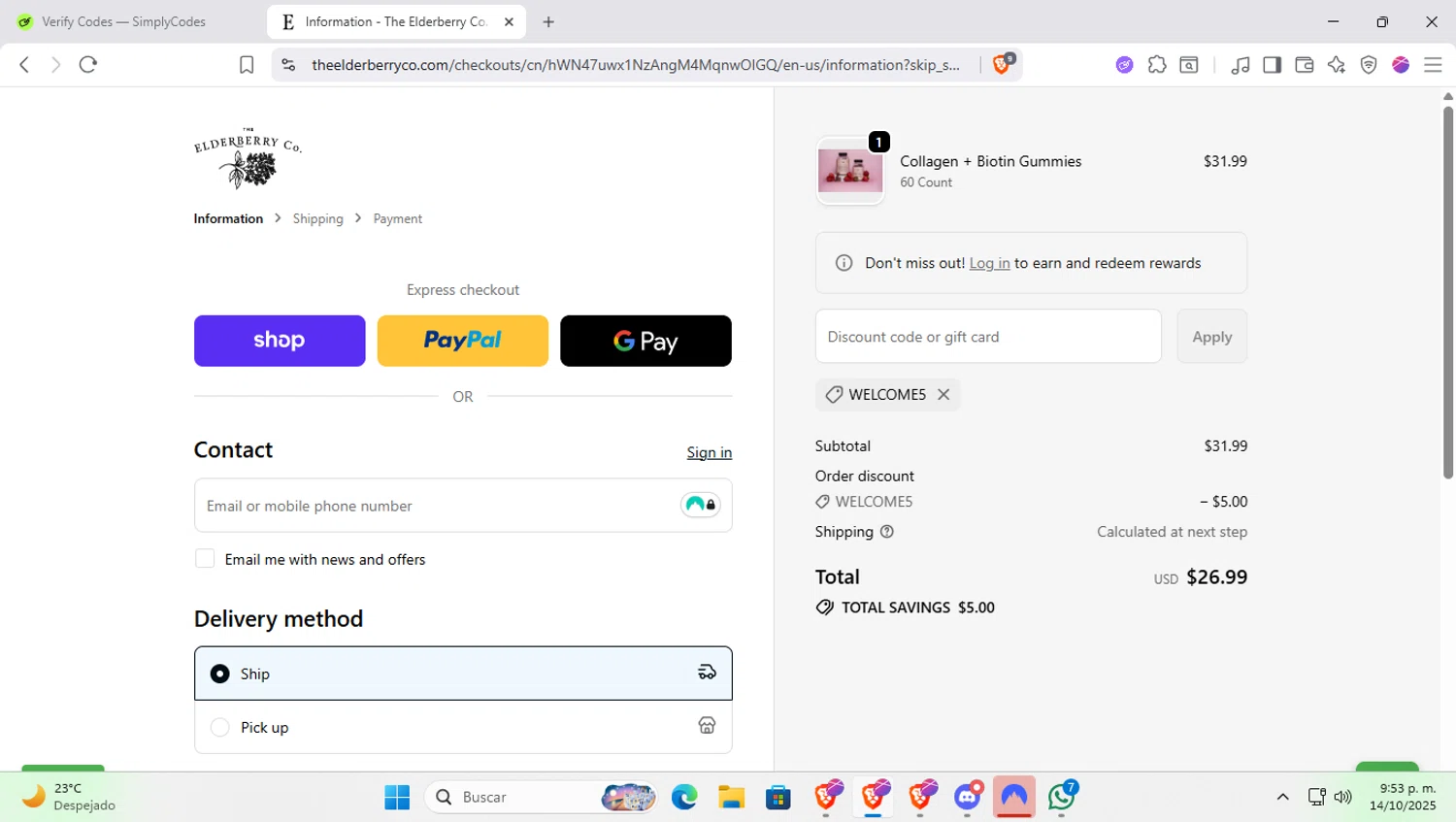The Elderberry promo code screenshot showing code welcome5 applied at The Elderberry checkout page. Uploaded by SimplyCodes community member SapeGato on Oct 15, 2025