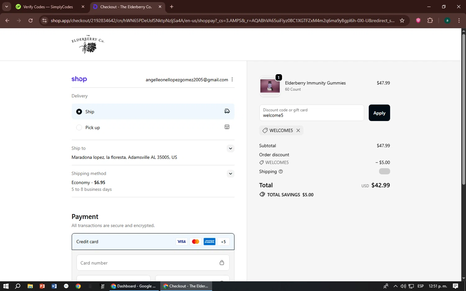 The Elderberry promo code screenshot showing code welcome5 applied at The Elderberry checkout page. Uploaded by SimplyCodes community member zizu55 on Dec 5, 2025