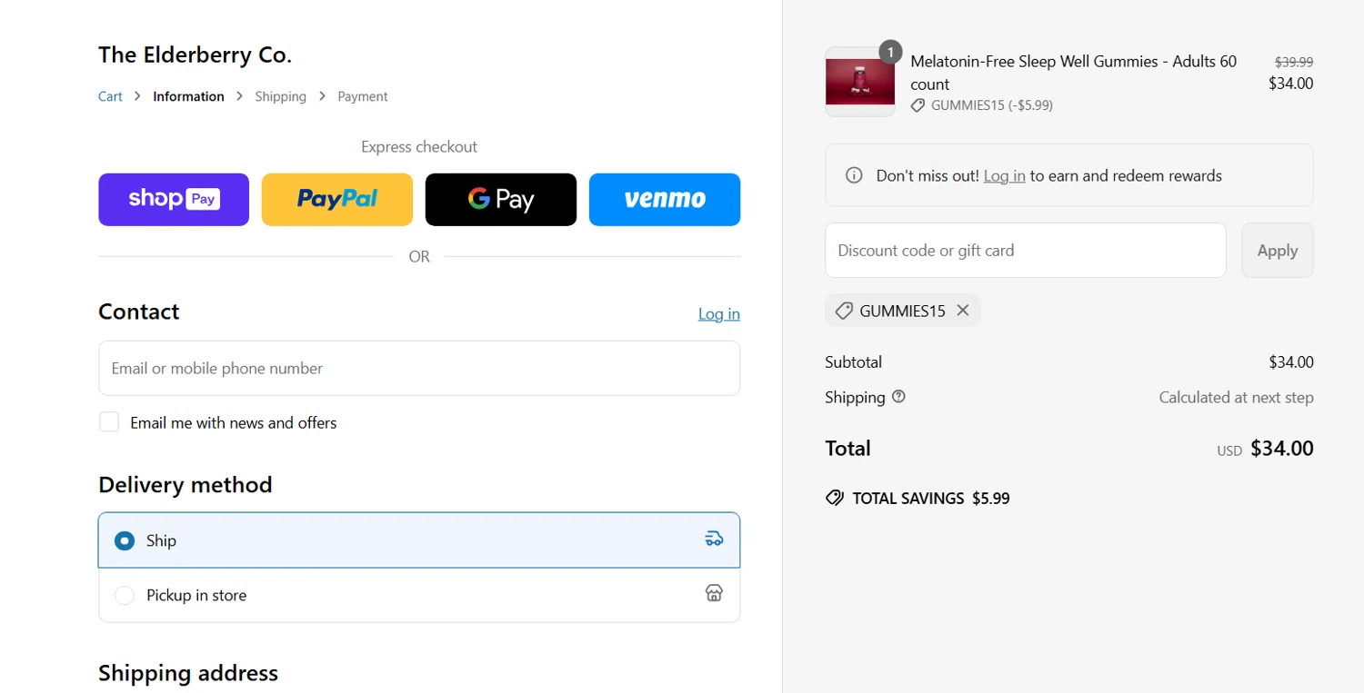 The Elderberry promo code screenshot showing code GUMMIES15 applied at The Elderberry checkout page. Uploaded by SimplyCodes community member RichterBelmont on Apr 26, 2025