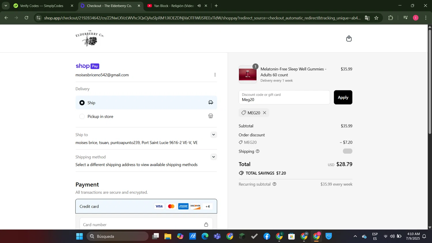 The Elderberry promo code screenshot showing code Meg20 applied at The Elderberry checkout page. Uploaded by SimplyCodes community member MightyGuardian8404 on Jul 9, 2025
