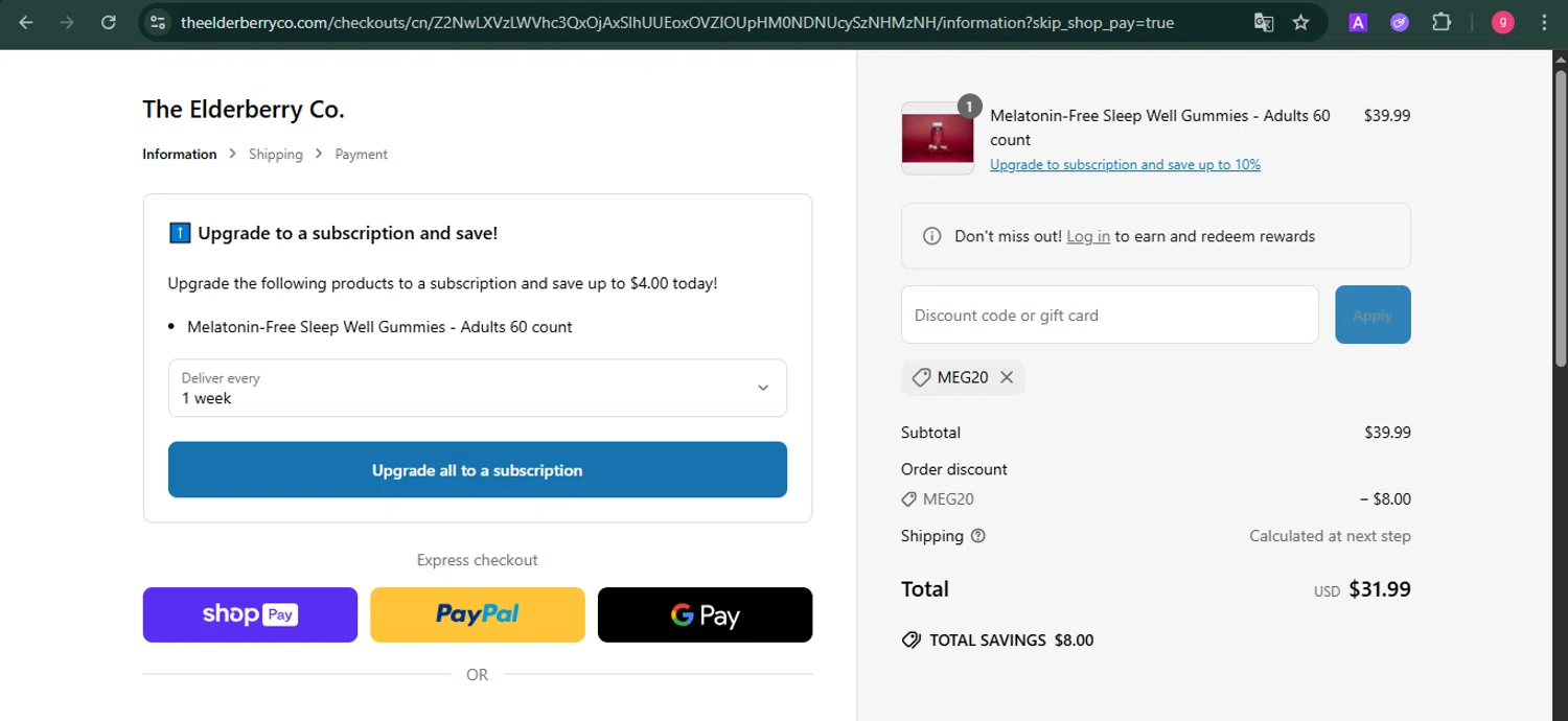 The Elderberry promo code screenshot showing code Meg20 applied at The Elderberry checkout page. Uploaded by SimplyCodes community member MoneyFalcon481 on Jun 15, 2025