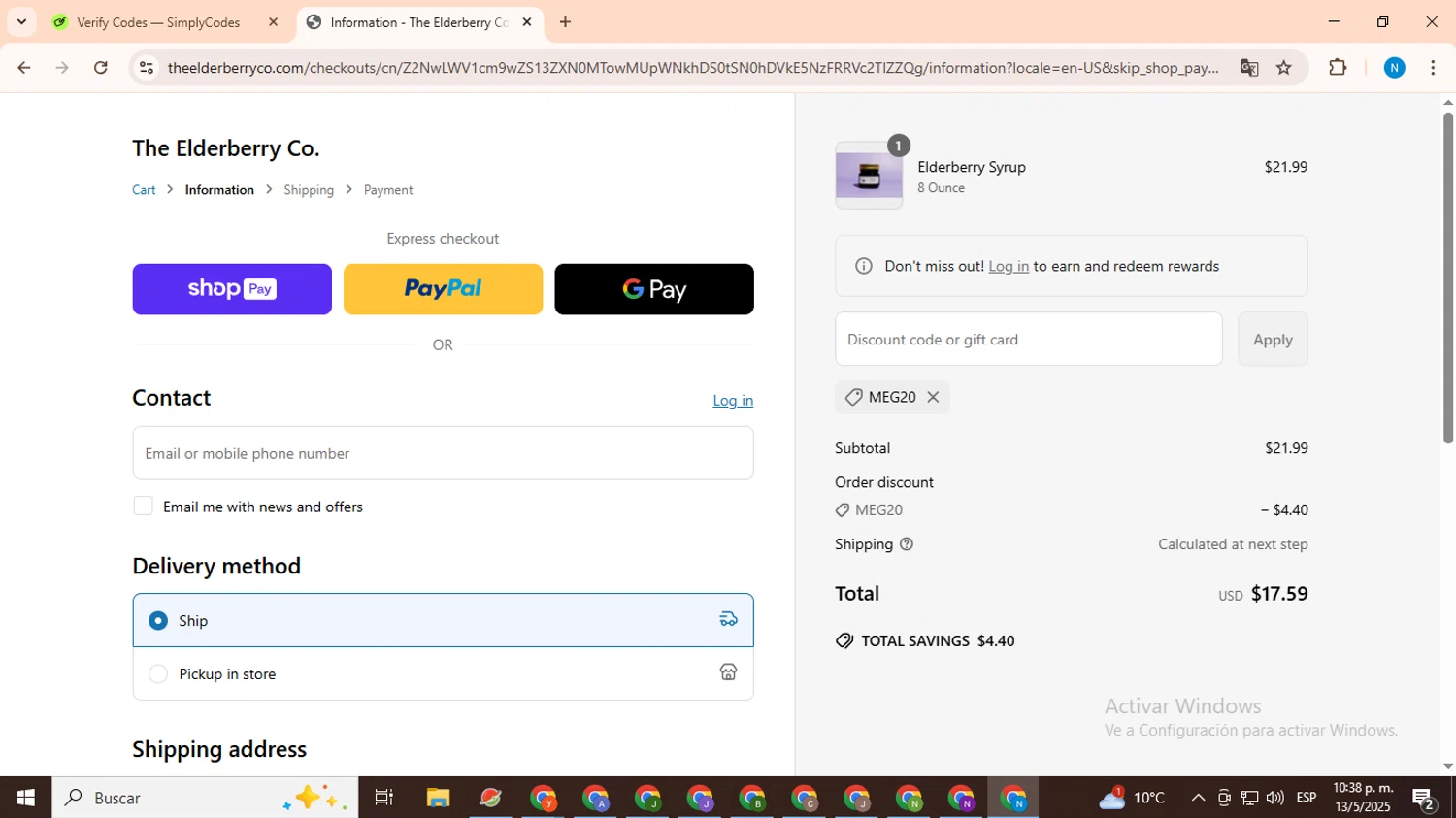 The Elderberry promo code screenshot showing code Meg20 applied at The Elderberry checkout page. Uploaded by SimplyCodes community member CoinHawk678 on May 14, 2025