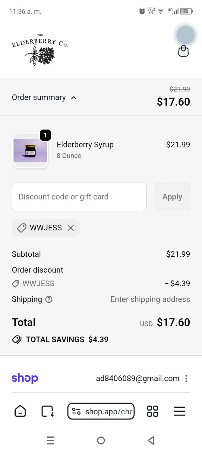 The Elderberry promo code screenshot showing code WWJESS applied at The Elderberry checkout page. Uploaded by SimplyCodes community member AnthonyGuapeton94 on Nov 9, 2025
