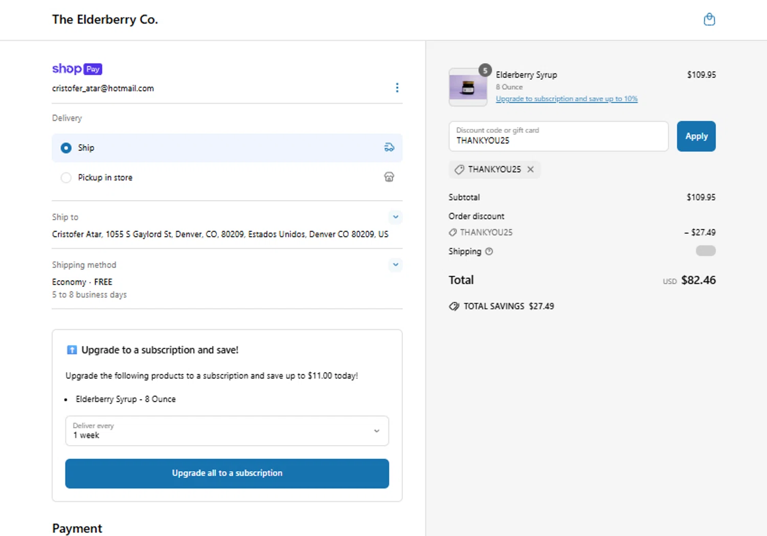The Elderberry promo code screenshot showing code THANKYOU25 applied at The Elderberry checkout page. Uploaded by SimplyCodes community member FundoKadmiel on Jun 22, 2025