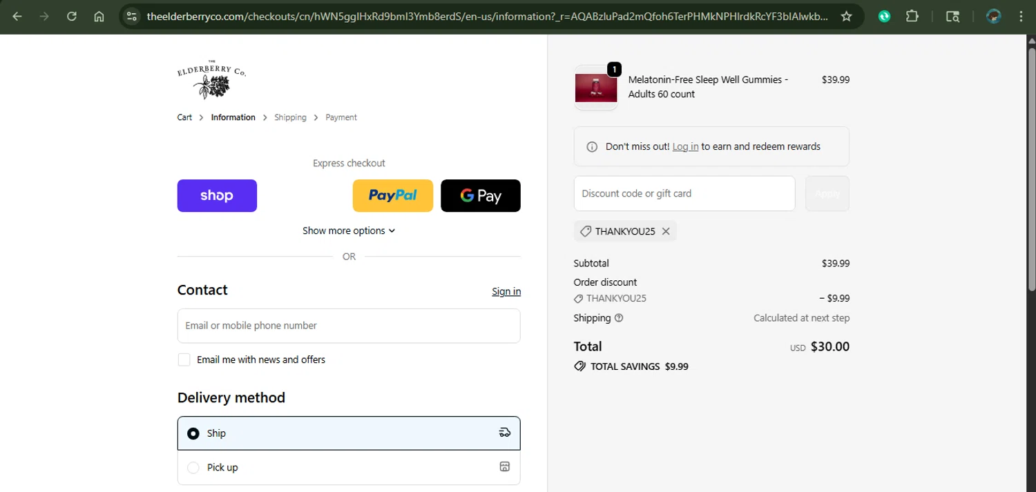 The Elderberry promo code screenshot showing code THANKYOU25 applied at The Elderberry checkout page. Uploaded by SimplyCodes community member MariaCorinaMachado on Nov 25, 2025