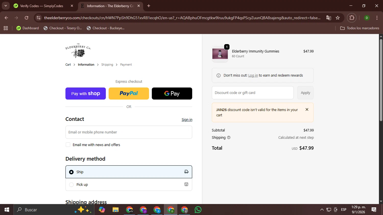 The Elderberry checkout page showing The Elderberry promo code box | Screenshot taken by SimplyCodes community member on Jan 9, 2026
