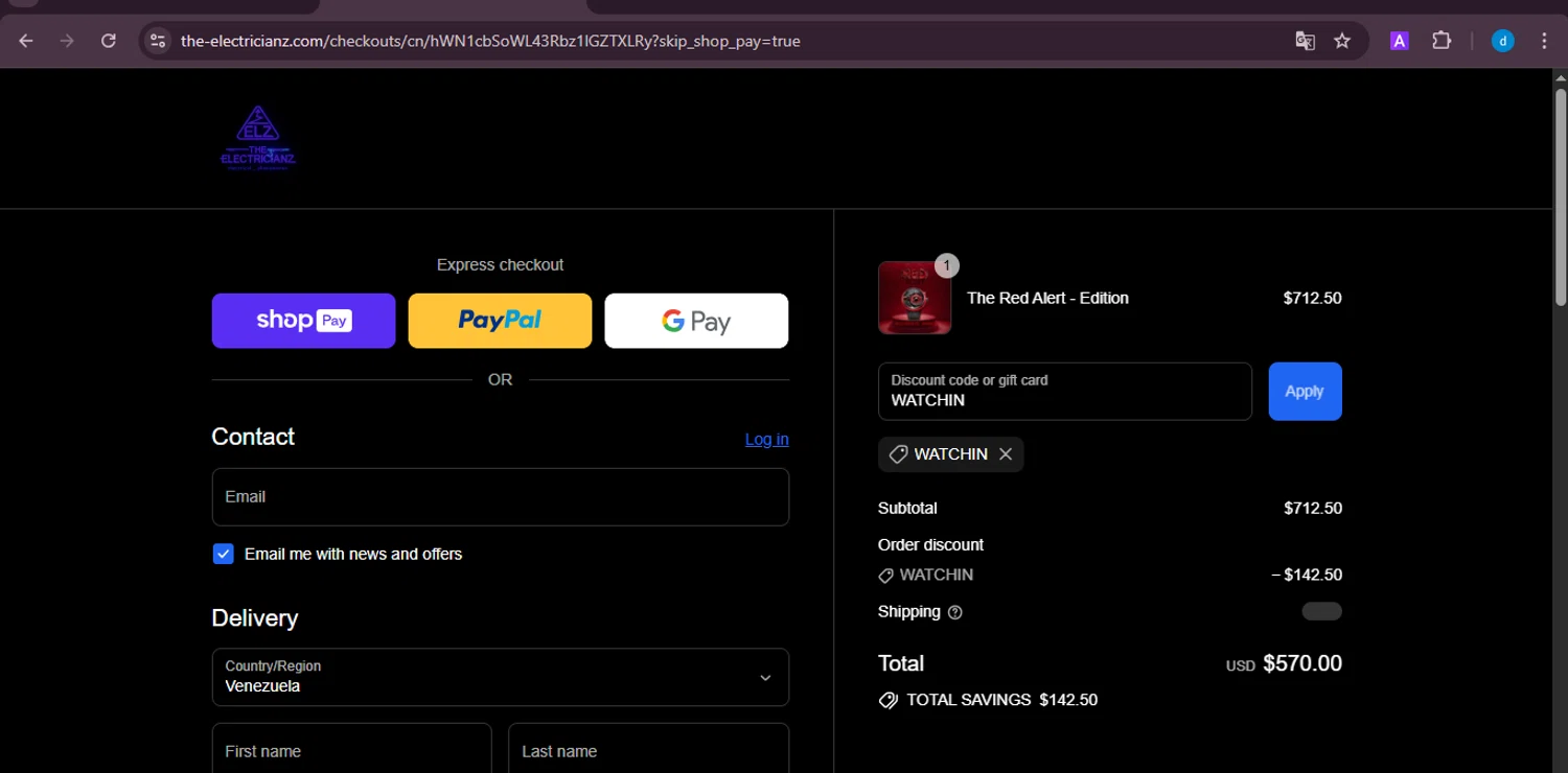 The Electricianz promo code screenshot showing code WATCHIN applied at The Electricianz checkout page. Uploaded by SimplyCodes community member ShieldKnight4744 on Aug 10, 2025